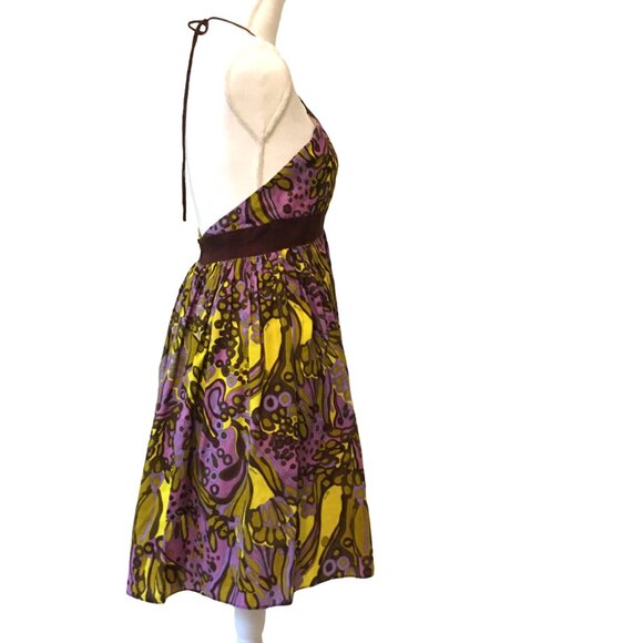 Milly of NY Halter Dress Silk Cotton Abstract Pleated Lined V-neck Women Size 4 - Picture 4 of 16